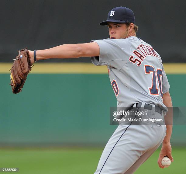 Cody Satterwhite of the Detroit Tigers pitches against Florida Southern College during a spring training game at Joker Marchant Stadium on March 2,...