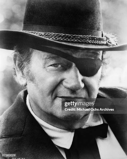 John Wayne, in his Oscar winning performance as Rooster Cogburn, in scene from the movie 'True Grit' directed by Henry Hathaway in 1969.