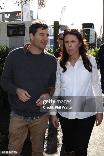 New Zealand Prime Minister Jacinda Ardern and her partner Clarke Gayford take a walk around the Fieldays in Mystery Creek on June 14, 2018 in...