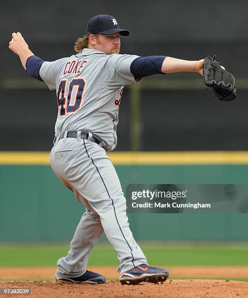 Phil Coke of the Detroit Tigers pitches against Florida Southern College during a spring training game at Joker Marchant Stadium on March 2, 2010 in...