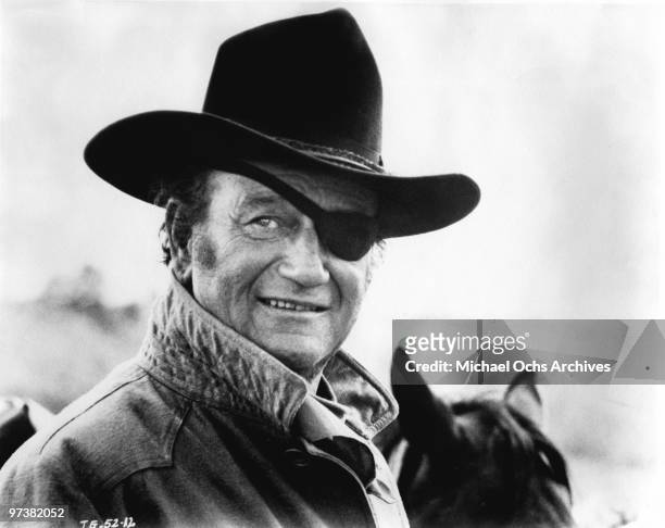 John Wayne, in his Oscar winning performance as Rooster Cogburn, in scene from the movie 'True Grit' directed by Henry Hathaway in 1969.