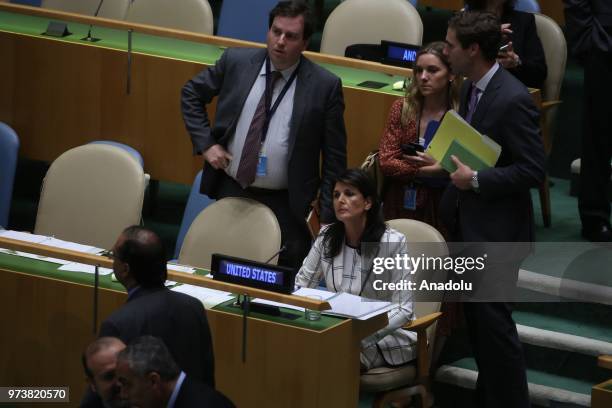 United States Ambassador to the United Nations, Nikki Haley sits after a voting session to condemn Israeli actions in Gaza, in the United Nations...