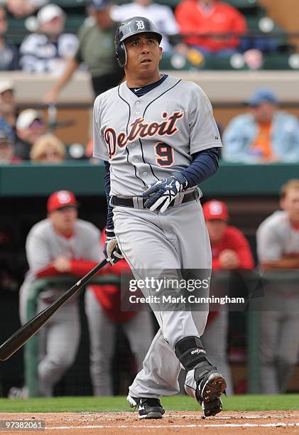 Carlos Guillen of the Detroit Tigers bats against Florida Southern College during a spring training game at Joker Marchant Stadium on March 2, 2010...