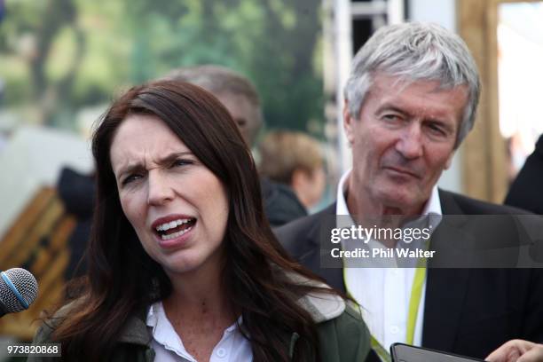 New Zealand Prime Minister Jacinda Ardern speaks as Minister of Agriculture Damien O'Connor looks on during the Mystery Creek Fieldays on June 14,...