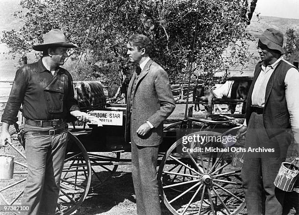 John Wayne, James Stewart and Woody Strode on the set of the movie 'The Man Who Shot Liberty Valance' in 1962 at Janss Conejo Ranch in Thousand Oaks,...
