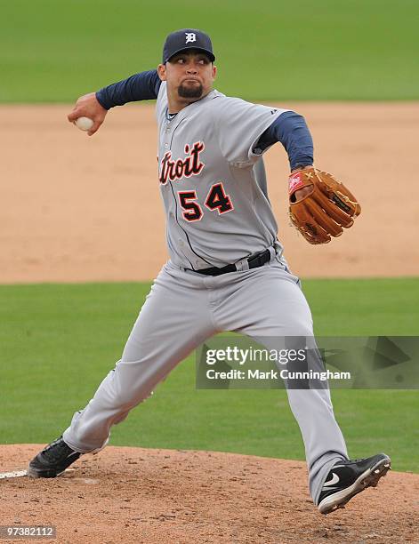 Joel Zumaya of the Detroit Tigers pitches against Florida Southern College during a spring training game at Joker Marchant Stadium on March 2, 2010...