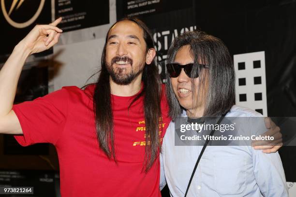 Steve Aoki and Hiroshi Fujiwara attend MONCLER FRAGMENT Florence on June 13, 2018 in Florence, Italy.