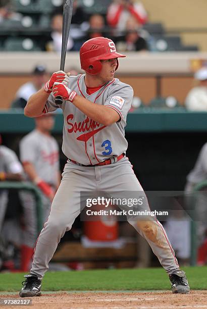 Colin Kaline of Florida Southern College bats against the Detroit Tigers during a spring training game at Joker Marchant Stadium on March 2, 2010 in...