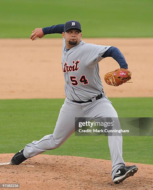 Joel Zumaya of the Detroit Tigers pitches against Florida Southern College during a spring training game at Joker Marchant Stadium on March 2, 2010...