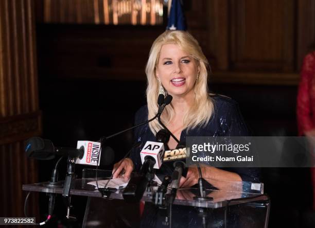 Rita Cosby speaks at Ivana Trump's press conference announcing her new campaign to fight obesity at The Plaza Hotel on June 13, 2018 in New York City.