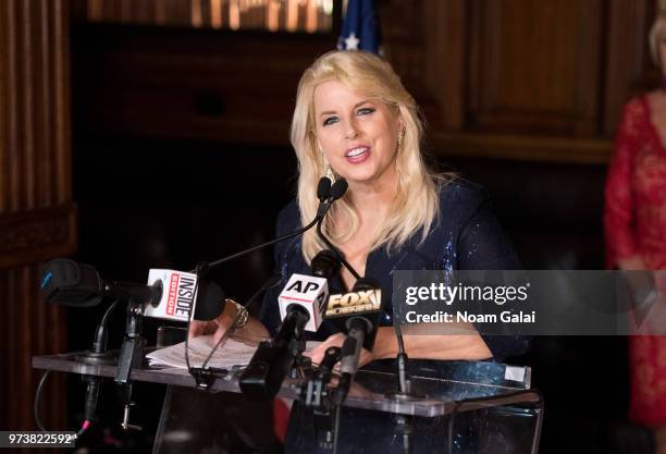 Rita Cosby speaks at Ivana Trump's press conference announcing her new campaign to fight obesity at The Plaza Hotel on June 13, 2018 in New York City.