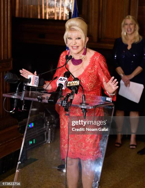 Ivana Trump speaks at a press conference announcing her new campaign to fight obesity at The Plaza Hotel on June 13, 2018 in New York City.