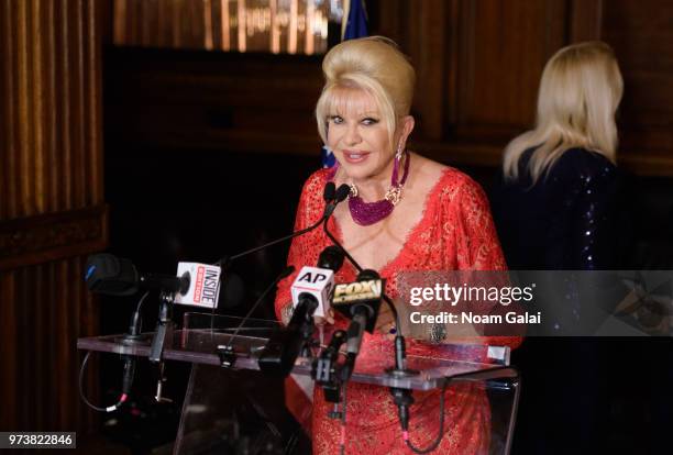 Ivana Trump speaks at a press conference announcing her new campaign to fight obesity at The Plaza Hotel on June 13, 2018 in New York City.