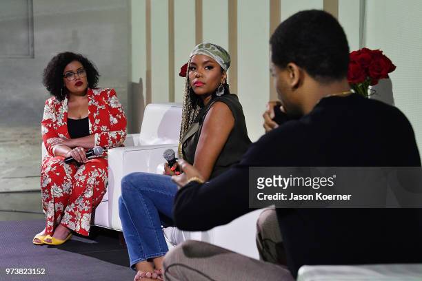Allison McGevna, and actors LaToya Luckett, and Tristan 'Mack' Wilds speak on stage at the Cadillac Welcome Luncheon At ABFF: Black Hollywood Now at...