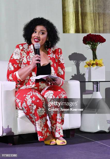 Allison McGevna speaks on stage at the Cadillac Welcome Luncheon At ABFF: Black Hollywood Now at The Temple House on June 13, 2018 in Miami Beach,...