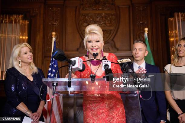 Rita Cosby, Ivana Trump and Gianluca Mec attend a press conference to announce a new campaign to fight obesity at The Plaza Hotel on June 13, 2018 in...
