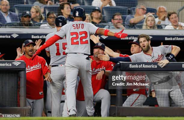 Juan Soto of the Washington Nationals celebrates his fourth inning three run home run against the New York Yankees with his teammates at the dugout...