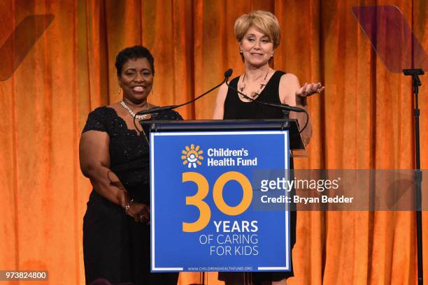 Aurelia Jones-Taylor and Jane Pauley speak onstage during the Children's Health Fund 2018 Annual Benefit at Cipriani 42nd Street on June 13, 2018 in...