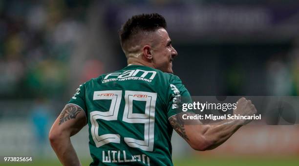 Willian of Palmeiras celebrates his goal during a match between Palmeiras and Flamengo for the Brasileirao Series A 2018 at Allianz Parque Stadium on...