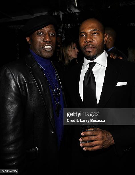 Actor Wesley Snipes and director Antoine Fuqua attend the Overture Films "Brooklyn's Finest" Premiere after party at Empire Hotel Rooftop on March 2,...