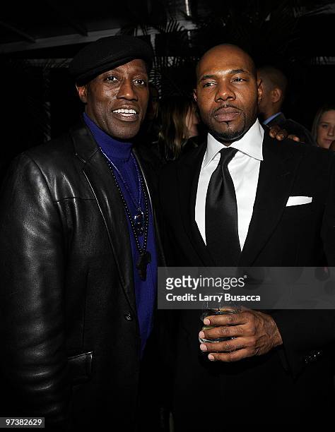 Actor Wesley Snipes and director Antoine Fuqua attend the Overture Films "Brooklyn's Finest" Premiere after party at Empire Hotel Rooftop on March 2,...