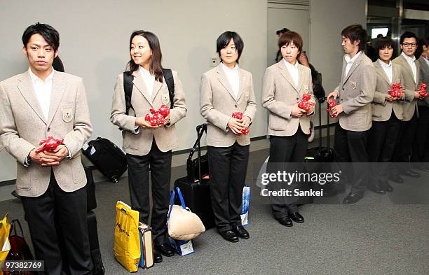 Daisuke Takahashi, Mao Asada, Maki Tabata, Nao Kodaira, Keiichiro Nagashima, Masako Hozumi and Joji Kato are seen upon arrival at Narita...