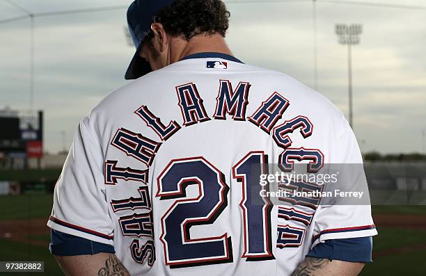 Jarrod Saltalamacchia poses for a portrait during the Texas rangers Photo Day at Surprise on March 2, 2010 in Surprise, Arizona.