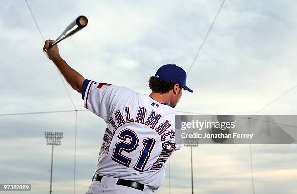 Jarrod Saltalamacchia poses for a portrait during the Texas rangers Photo Day at Surprise on March 2, 2010 in Surprise, Arizona.