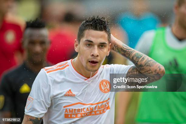 Atlanta United FC defender Franco Escobar cools off on the way to the locker room at the half in the MLS regular season game between the Columbus...