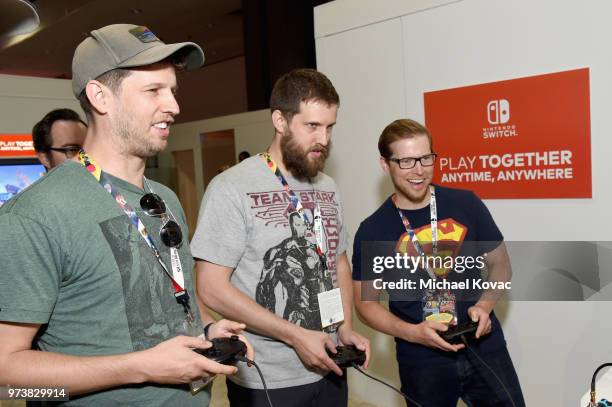 Jon Heder and guests visit the Nintendo booth during the 2018 E3 Gaming Convention at Los Angeles Convention Center on June 13, 2018 in Los Angeles,...