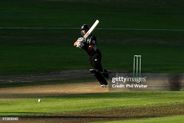 Peter Ingram of New Zealand bats during the First One Day International match between New Zealand and Australia at McLean Park on March 3, 2010 in...