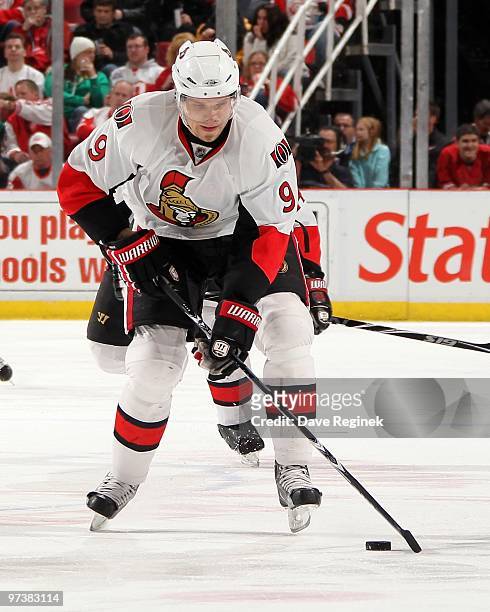 Milan Michalek of the Ottawa Senators skates with the puck during an NHL game against the Detroit Red Wings at Joe Louis Arena on February 13, 2010...