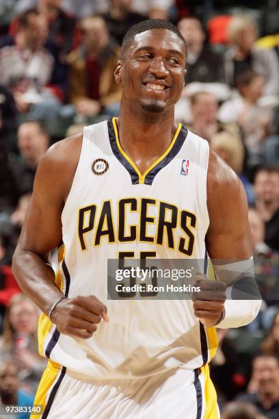 Roy Hibbert of the Indiana Pacers smiles during the game against the Chicago Bulls on February 27, 2010 at Conseco Fieldhouse in Indianapolis,...