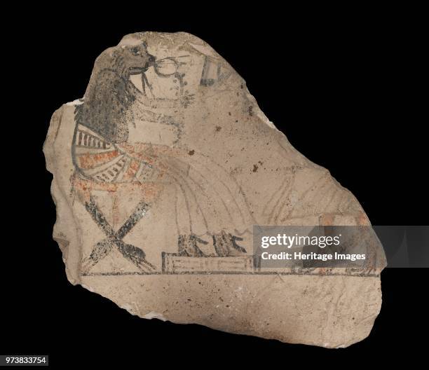 Limestone ostraca with humorous sketches in red and black ink, XIXth Dynasty, circa 1292 -circa 1190 BC. Dimension: length x width: 8.1 x 8.5...