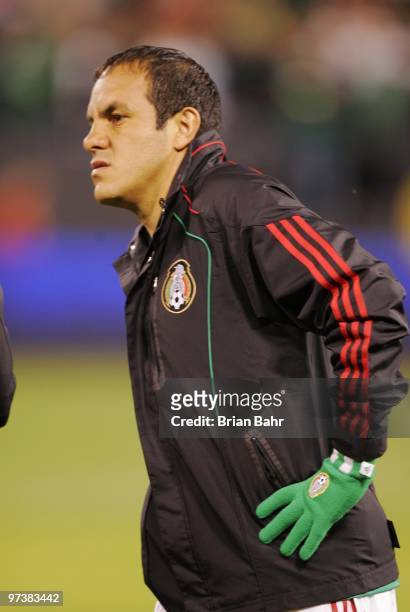 Cuauhtemoc Blanco of Mexico stretches before the national anthem in a friendly match against Bolivia in preparation for the 2010 FIFA World Cup on...