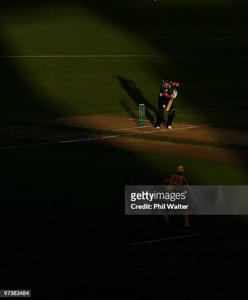 Martin Guptill of New Zealand bats during the First One Day International match between New Zealand and Australia at McLean Park on March 3, 2010 in...