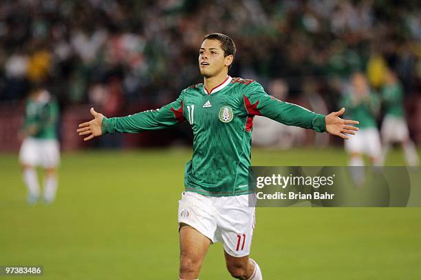 Javier Hernandez of Mexico celebrates his second goal during a friendly match against Bolivia in preparation for the 2010 FIFA World Cup on February...