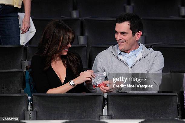 Sofia Vergara and Ty Burrell attend a game between the Indiana Pacers and the Los Angeles Lakers at Staples Center on March 2, 2010 in Los Angeles,...