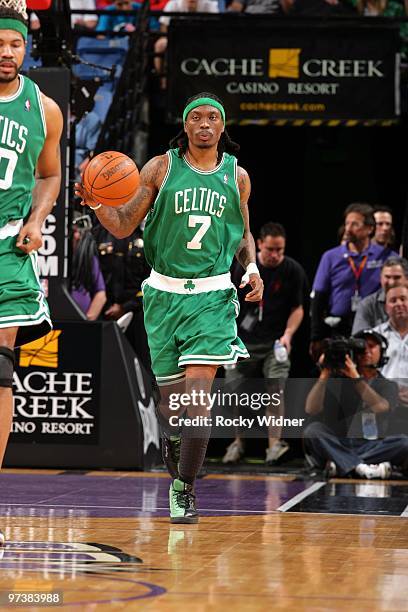 Marquis Daniels of the Boston Celtics moves the ball up court during the game against the Sacramento Kings at Arco Arena on February 16, 2010 in...