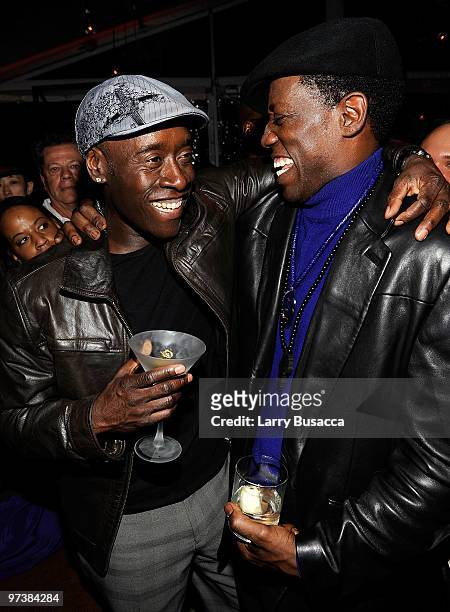 Actors Don Cheadle and Wesley Snipes attend the Overture Films "Brooklyn's Finest" Premiere after party at Empire Hotel Rooftop on March 2, 2010 in...
