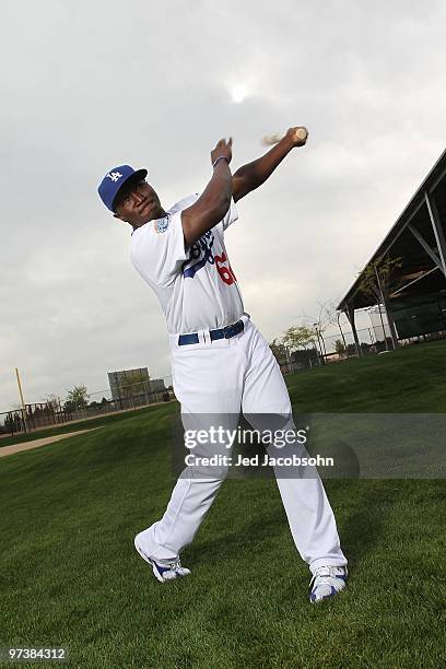 Trayvon Robinson of the Los Angeles Dodgers poses during media photo day on February 27, 2010 at the Ballpark at Camelback Ranch, in Glendale,...