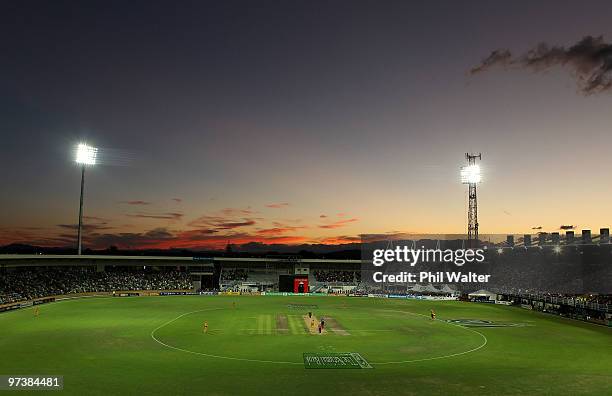 The sun sets at McLean Park during the First One Day International match between New Zealand and Australia at McLean Park on March 3, 2010 in Napier,...