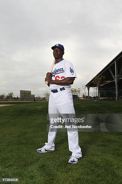 Trayvon Robinson of the Los Angeles Dodgers poses during media photo day on February 27, 2010 at the Ballpark at Camelback Ranch, in Glendale,...