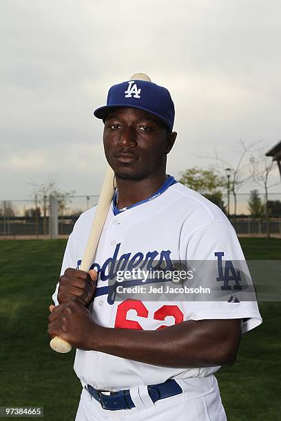 Trayvon Robinson of the Los Angeles Dodgers poses during media photo day on February 27, 2010 at the Ballpark at Camelback Ranch, in Glendale,...