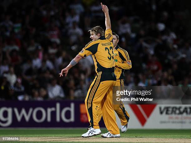 Shane Watson of Australia celebrates his wicket of Ross Taylor of New Zealand during the First One Day International match between New Zealand and...