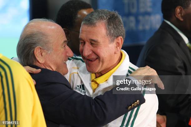 President Sepp Blatter greets Bafana Bafana coach Carlos Perreira at the Moses Mabhida stadium, 100 days ahead of the FIFA 2010 World Cup on March 2,...