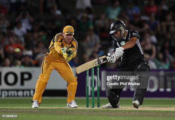 Ross Taylor of New Zealand bats during the First One Day International match between New Zealand and Australia at McLean Park on March 3, 2010 in...