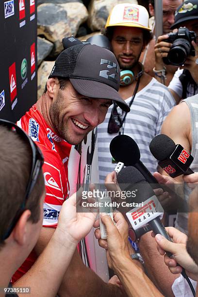 Joel Parkinson of Australia is interviewed during the Quiksilver Pro 2010 as part of the ASP World Tour at Snapper Rocks on March 3, 2010 in...