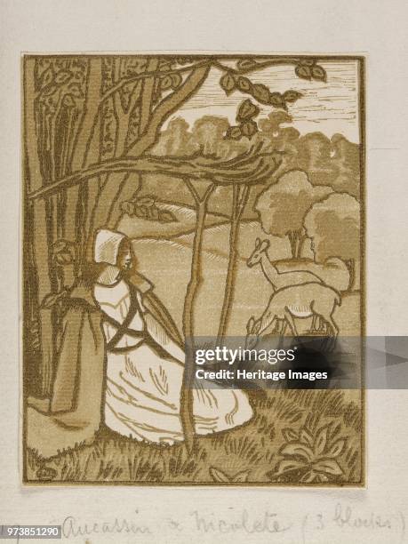 Girls seated under tree with deer, MS catalogue of the wood engravings of Lucien Pissarro, circa 1880-1940. Artist Lucien Pissarro.