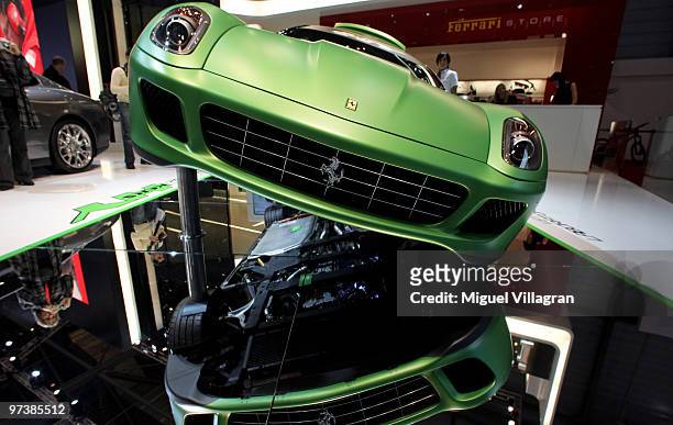 The Hy-Kers Vettura Laboratorio Ferrari hybrid concept car is displayed at the Ferrari stand during the second press day at the 80th Geneva...